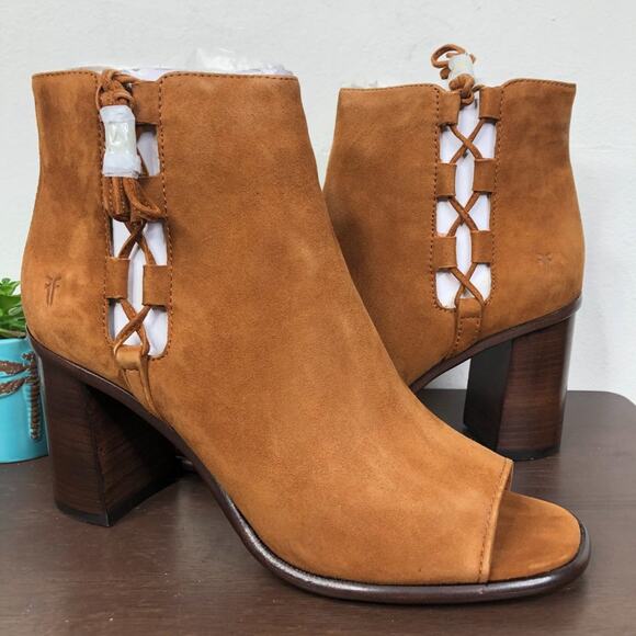 NEW Frye Amy Side Ghillie Suede Leather Open Toe Booties In Nutmeg Size 9.5M - Picture 6 of 7
